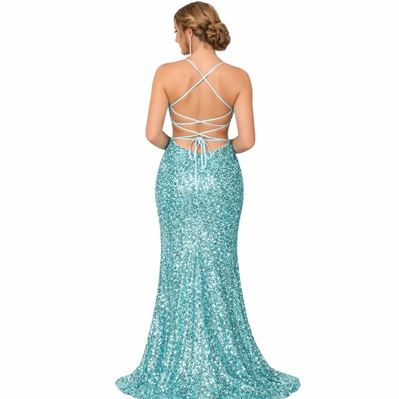 slim fit dress slacks Mint Shiny Thin Straps Cowl Back Fishtail Prom Gown main image 0